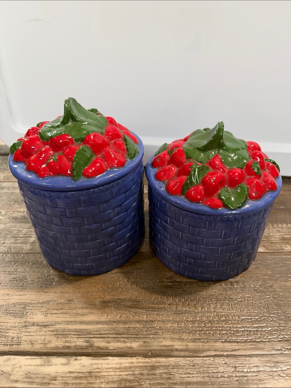 Vintage Blue Ceramic Berry Basket Canisters with Red Berry Lids
